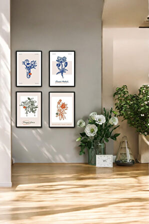 4 Parça (15x20) Uv Baskı Mdf Mavi Çiçek Boho Tablo Poster Seti - Set-459