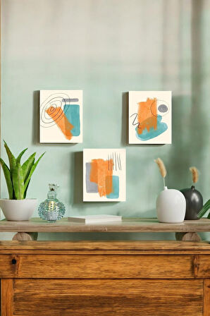 3 Parça (15x20) Uv Baskı Mdf Turkuaz Ve Turuncu Aşk Tablo Poster Seti - Set-417