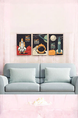 3 Parça (25x40) Büyük Boy Uv Baskı Çocuk Odası Uzay Roket Astronot Mdf Tablo Poster Seti - Set-226