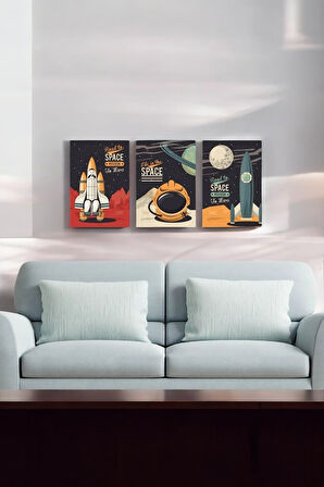 3 Parça (25x40) Büyük Boy Uv Baskı Çocuk Odası Uzay Roket Astronot Mdf Tablo Poster Seti - Set-226