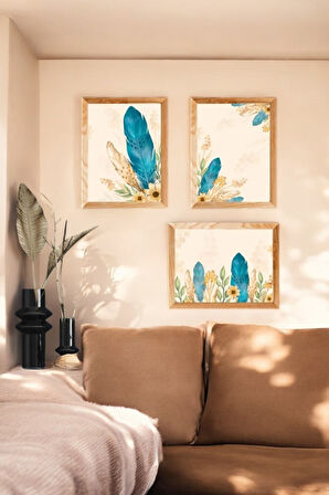 3 Parça (15x20) Uv Baskı Mdf Mavi Tüyler Boho Tablo Poster Seti - Set-375