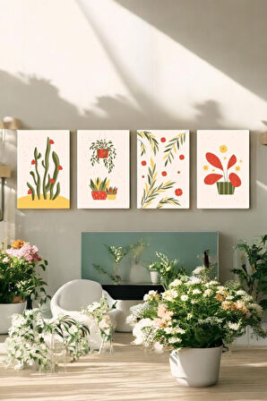 4 Parça (25x40) Büyük Boy Uv Baskı Mdf Kaktüs Ve Çiçek Temalı Tablo Poster Seti - Set-185