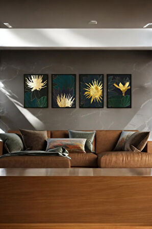 4 Parça (25x40) Büyük Boy Uv Baskı Mdf Gold Çiçekler Salon Tablo Poster Seti - Set-154