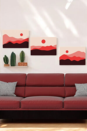 3 Parça (25x40) Büyük Boy Uv Baskı Mdf Kızıl Güneş Ve Kum Tepeleri Tablo Poster Seti - Set-94