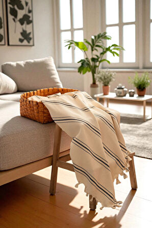 Doğal Pamuk , Yumuşak , Çok Amaçlı Örtü , Koltuk Örtüsü , Tek Kişilik Pike 160 x 220 Cm - Lacivert Krem Sofia