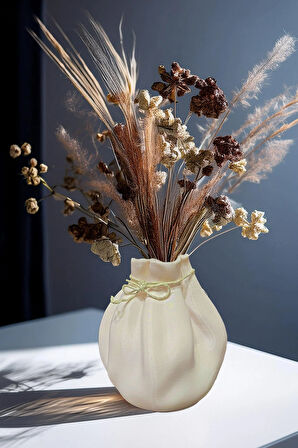 Bohem Tarz Zarif İskandinav Vazo Büzgü Büyük Boy 15 x 25 Cm Vegan Pla - Krem