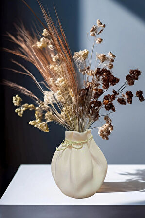 Bohem Tarz Zarif İskandinav Vazo Büzgü Büyük Boy 15 x 25 Cm Vegan Pla - Krem