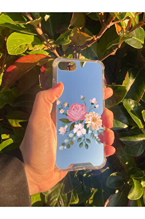 İphone SE 2020 İle Uyumlu Uyumlu Aynalı Pembe Çiçek Desenli Darbe Kamera Korumalı Silikon Telefon Kılıfı