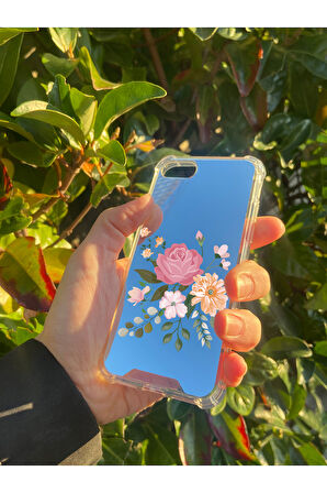 İphone SE 2020 İle Uyumlu Uyumlu Aynalı Pembe Çiçek Desenli Darbe Kamera Korumalı Silikon Telefon Kılıfı