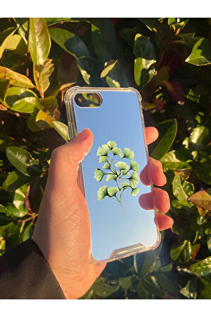 İphone SE 2022 İle Uyumlu Aynalı Ginkgo Yaprak Desenli Darbe Kamera Korumalı Silikon Telefon Kılıfı