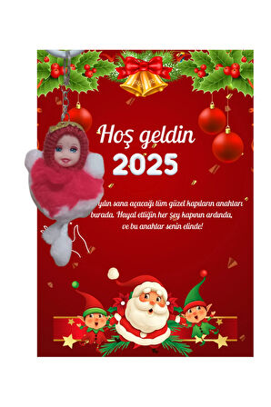 Yeni Yıl Noel Baba Kart Üzerinde Anahtarlık Peluş Bebek 5 Adet ( Kişiye Özel İsim Yazılabilir. )