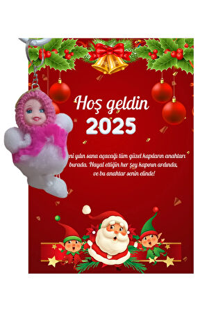 Yeni Yıl Noel Baba Kart Üzerinde Anahtarlık Peluş Bebek 5 Adet ( Kişiye Özel İsim Yazılabilir. )