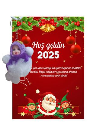 Yeni Yıl Noel Baba Kart Üzerinde Anahtarlık Peluş Bebek 5 Adet ( Kişiye Özel İsim Yazılabilir. )