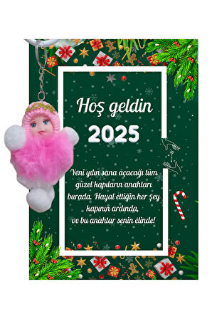 Yeni Yıl Kart Üzerinde Anahtarlık Peluş Bebek 5 Adet ( Kişiye Özel İsim Yazılabilir. )