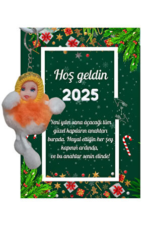 Yeni Yıl Kart Üzerinde Anahtarlık Peluş Bebek 5 Adet ( Kişiye Özel İsim Yazılabilir. )