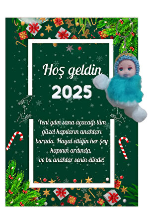 Yeni Yıl Kart Üzerinde Anahtarlık Peluş Bebek 5 Adet ( Kişiye Özel İsim Yazılabilir. )