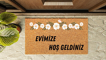 Kapı Önü Paspası Özel Tasarım Koko Model Evimize Hoşgeldiniz Çiçek Şeritli PK-1534