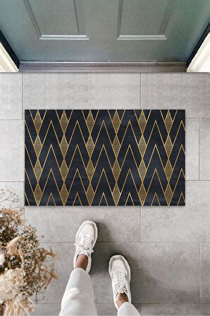 Siyah-Gold Kapı Önü Paspası Zigzag Desen  K-3209