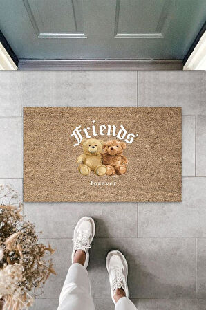 Bej Kapı Önü Paspası Friends Forever Ayıcık Desen  K-3356