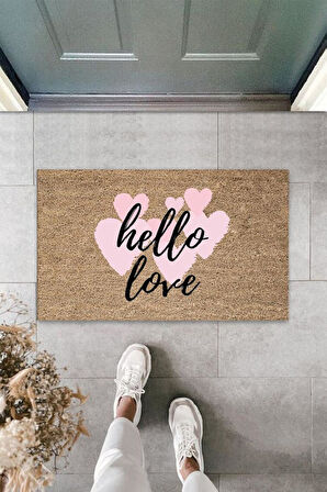 Pembe Kapı Önü Paspası Hello Love Desen  K-3291