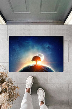 Dijital Galaxy Ağaç Mavi Kapı Paspası Dış Mekan Paspas K-2114