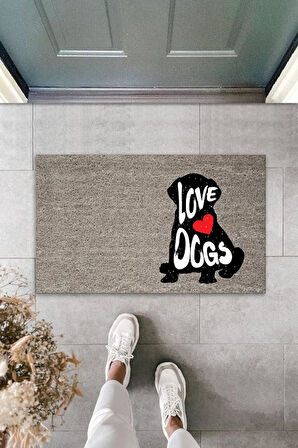 Dijital Baskı Gri Love Dogs Köpekli Dekoratif Kapı Paspası K-2071