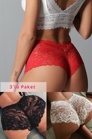 Kadın Siyah Beyaz Kırmızı 3'lü Paket Dantel Tanga Şort Külot