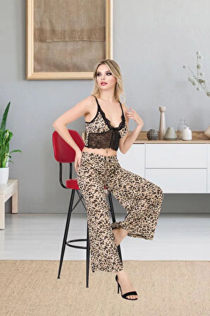 Günlük , Rahat , Bol Paça , İpeksi , İp Askılı Büstiyer Takımı - Karışık Renkli