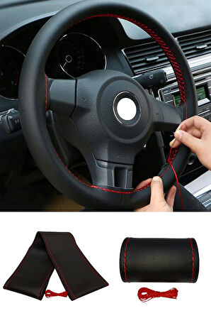 Bmw 5 Serisi E60 2004-2010 Uyumlu Direksiyon Kılıfı Dikmeli Siyah Deri / Kırmızı Dikişli