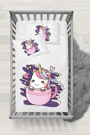 Ranforce Kumaş , Desenli Bebek & Çocuk Lastikli Çarşaf ( 60 x 120 / 15 ) ve 2'li Yastık Kılıfı - Unicorn