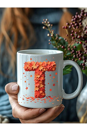 Sonbahar Yaprağı Şeklinde Harf 3 Boyutlu Tasarım Seramik Kupa Mug - Hediyelik Kupa