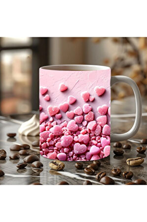 Kalp Baskılı 3D Tasarım Seramik Kupa Mug - Kupa Bardak