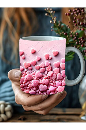 Kalp Baskılı 3D Tasarım Seramik Kupa Mug - Kupa Bardak