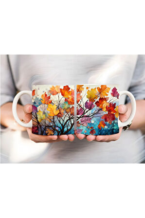 Sonbahar Çiçekler Şeklinde 3 Boyutlu Tasarım Seramik Kupa Mug - Hediyelik Kupa