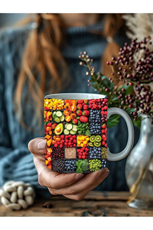 Meyveli Özel Tasarım Seramik Kupa Mug - Hediyelik Kupa Bardak - Meyve Tabağı