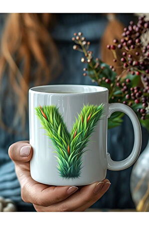 Çim Çimen Şeklinde Harf Kişiye Özel 3 Boyutlu Tasarım Seramik Kupa Mug - Hediyelik Kupa