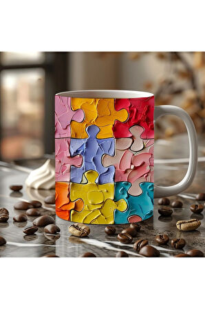 Yapboz - Puzzle Temalı 3 Boyutlu Tasarım Seramik Kupa Mug - Hediyelik Kupa