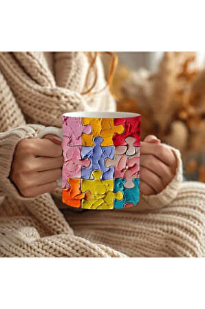 Yapboz - Puzzle Temalı 3 Boyutlu Tasarım Seramik Kupa Mug - Hediyelik Kupa