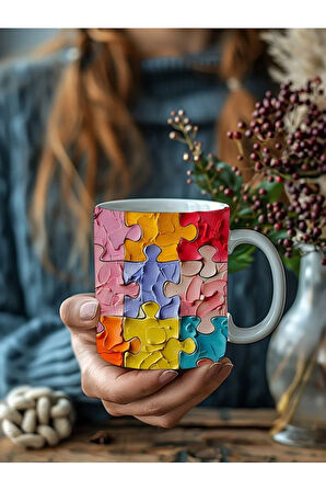 Yapboz - Puzzle Temalı 3 Boyutlu Tasarım Seramik Kupa Mug - Hediyelik Kupa