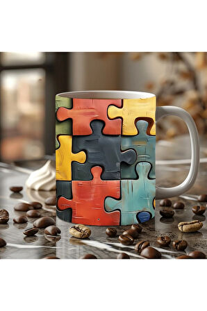 Yapboz - Puzzle Temalı 3 Boyutlu Tasarım Seramik Kupa Mug - Hediyelik Kupa