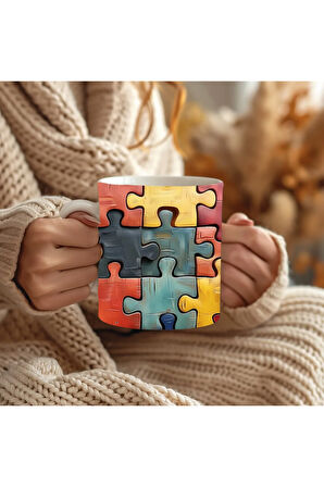 Yapboz - Puzzle Temalı 3 Boyutlu Tasarım Seramik Kupa Mug - Hediyelik Kupa