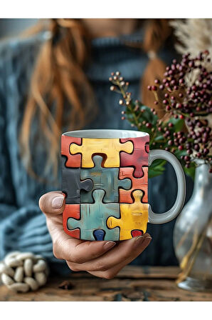 Yapboz - Puzzle Temalı 3 Boyutlu Tasarım Seramik Kupa Mug - Hediyelik Kupa