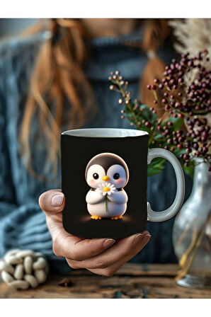 Papatya Tutan Sevimli Hayvan Temalı 3 Boyutlu Tasarım Seramik Kupa Mug - Hediyelik Kupa