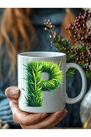 Çim Çimen Şeklinde Harf Kişiye Özel 3 Boyutlu Tasarım Seramik Kupa Mug - Hediyelik Kupa