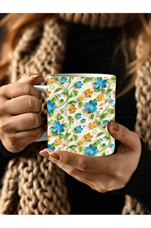 Çiçek Modellerinde 3 Boyutlu Tasarım Seramik Kupa Mug - Hediyelik Kupa Bardak