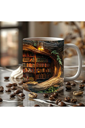 Mağara Ve Ağaç İçi Kitaplık Kütüphane Baskılı 3D Tasarım Seramik Kupa Mug - Hediyelik