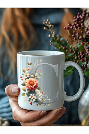 Renkli Çiçekli Harf Şeklinde Kişiye Özel 3 Boyutlu Tasarım Seramik Kupa Mug - Hediyelik