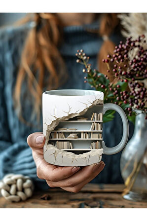 Mağara Ve Ağaç İçi Kitaplık Kütüphane Baskılı 3D Tasarım Seramik Kupa Mug - Hediyelik