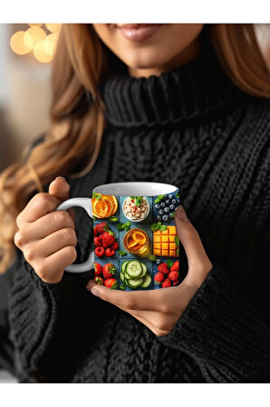 Meyveli Özel Tasarım Seramik Kupa Mug - Hediyelik Kupa Bardak - Meyve Tabağı
