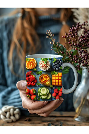 Meyveli Özel Tasarım Seramik Kupa Mug - Hediyelik Kupa Bardak - Meyve Tabağı